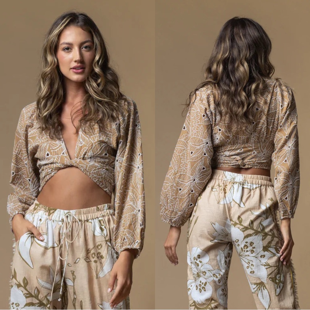 Z&L Embroidered Eyelet Wrap Tie Top